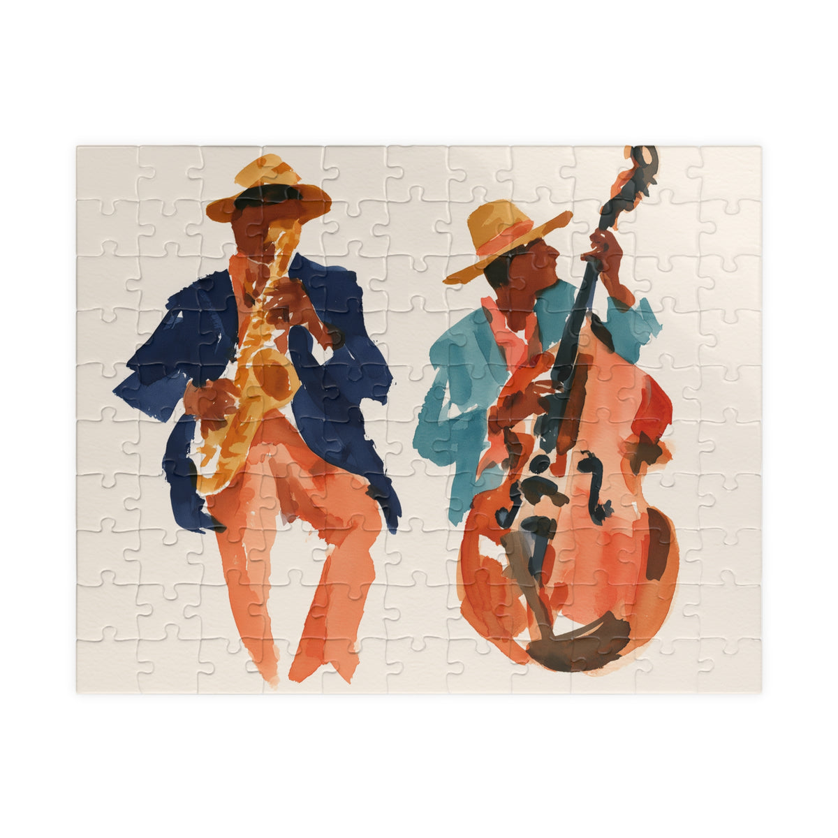 Jazz Musicians Jigsaw Puzzle – Watercolor Saxophone & Double Bass Art – Vintage Jazz Puzzle – Music Lover Gift
