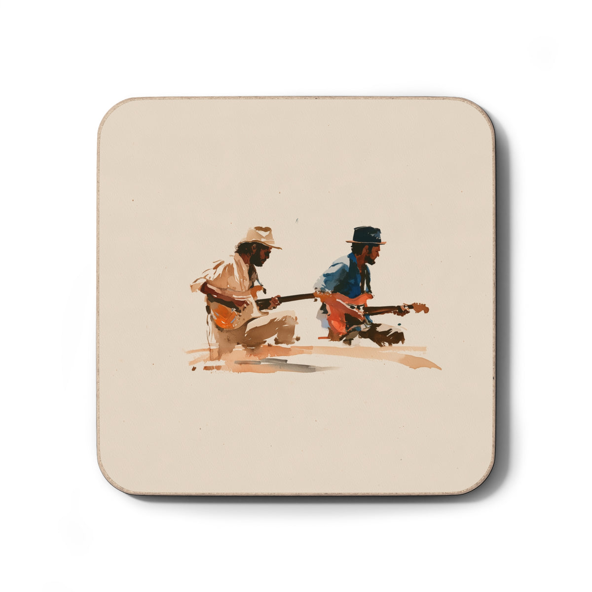 Acoustic Duo Hardboard Coaster – Vintage Guitarist Drink Coaster, Retro Music Art, Musician Gift, Guitar Lover Home Decor