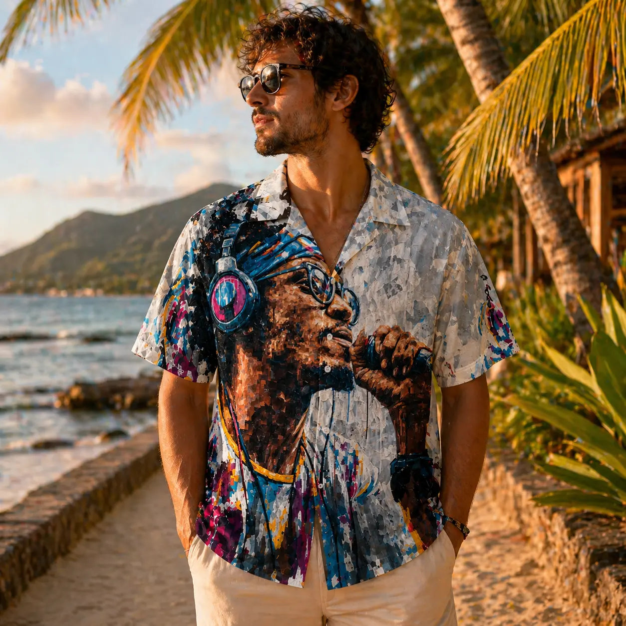 Half Graphic Hawaiian Camp Shirt With Urban Mural Portrait For Men Button Up Linen Texture Polyester Printify