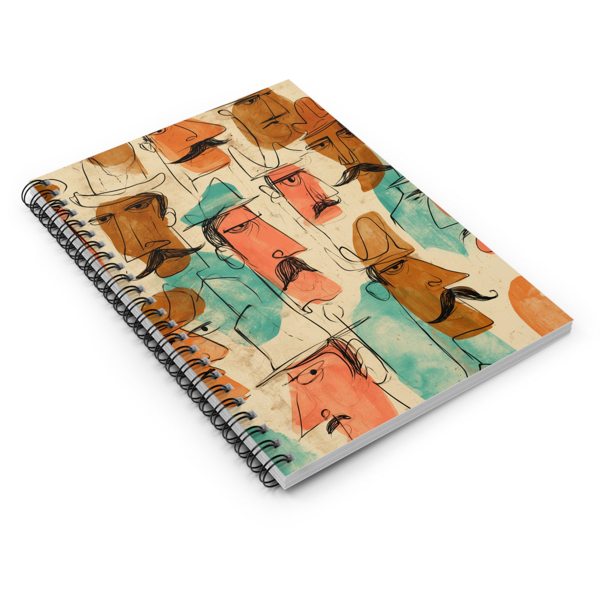 Colorful Mustache Faces Spiral Notebook – Vintage Cartoon Art Journal, Retro Illustrated Lined Notebook, Unique Gift for Writers & Artists