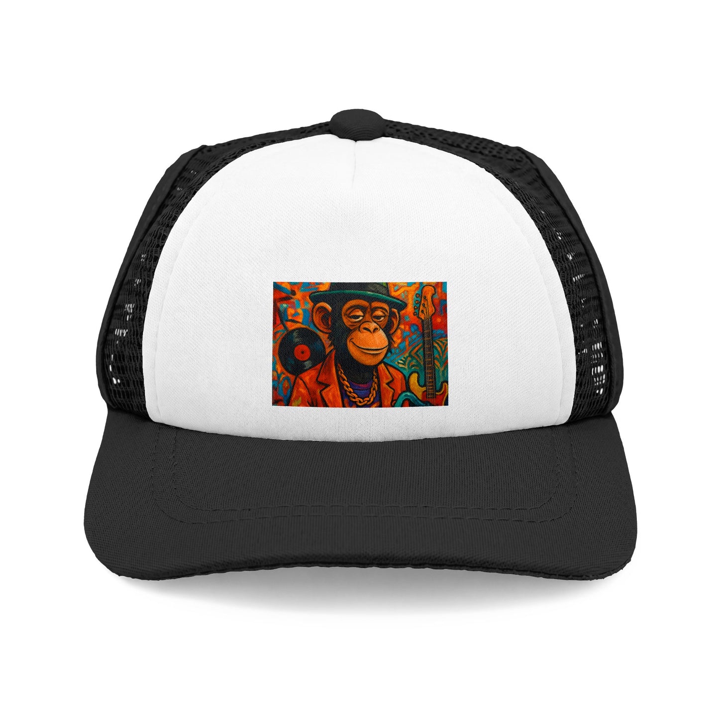 Retro Funk Monkey Dog Trucker Hat With Furfect Fit Adjustable Chin Strap Breathable Mesh Back