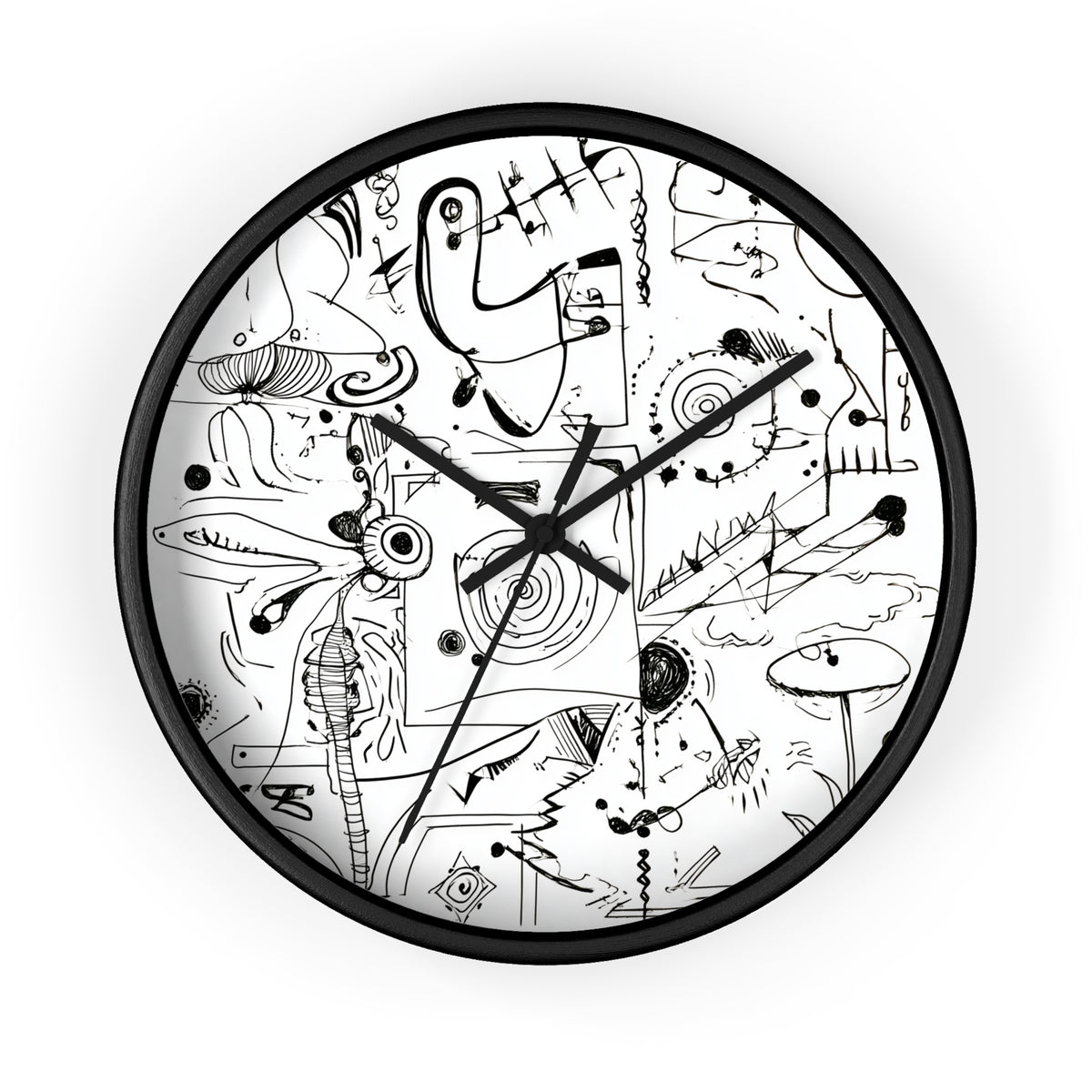 Abstract Doodle Art Wall Clock | Monochrome Sketch Illustration