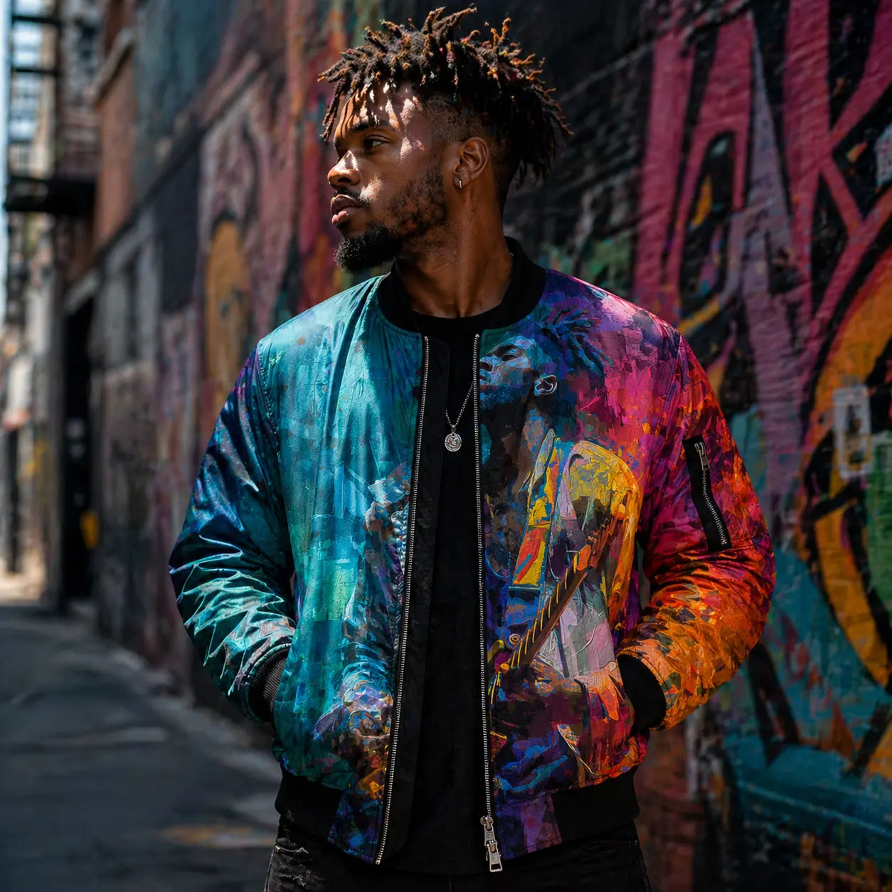 Colorful Guitarist Art Bomber Jacket With Bold Teal Magenta Amber Front Print And Black Rib Knit Trim Printify