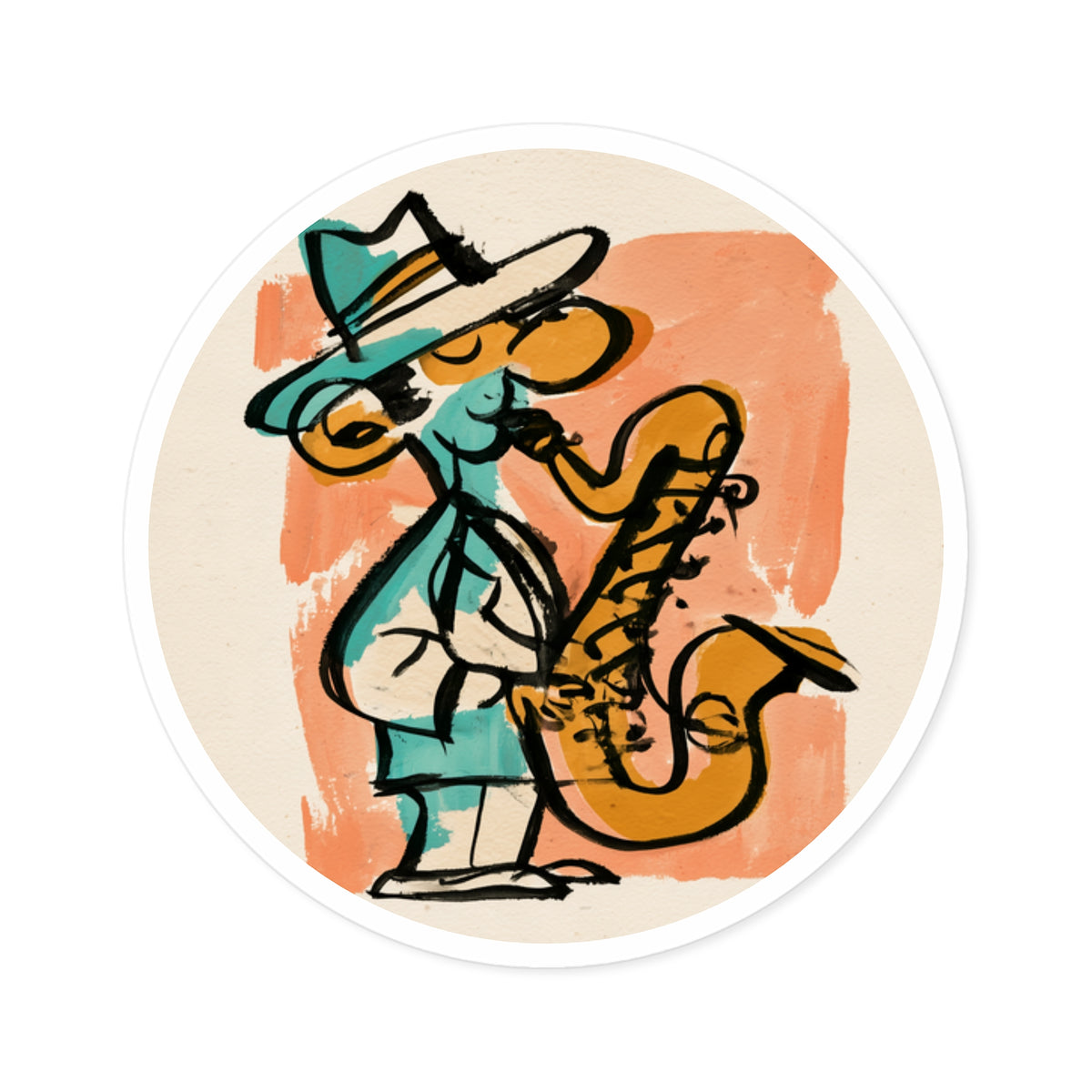 Jazz Saxophone Player Round Sticker – Retro Cartoon Musician Art, Vintage Jazz Sticker, Funky Saxophone Decal, Gift for Music Lovers