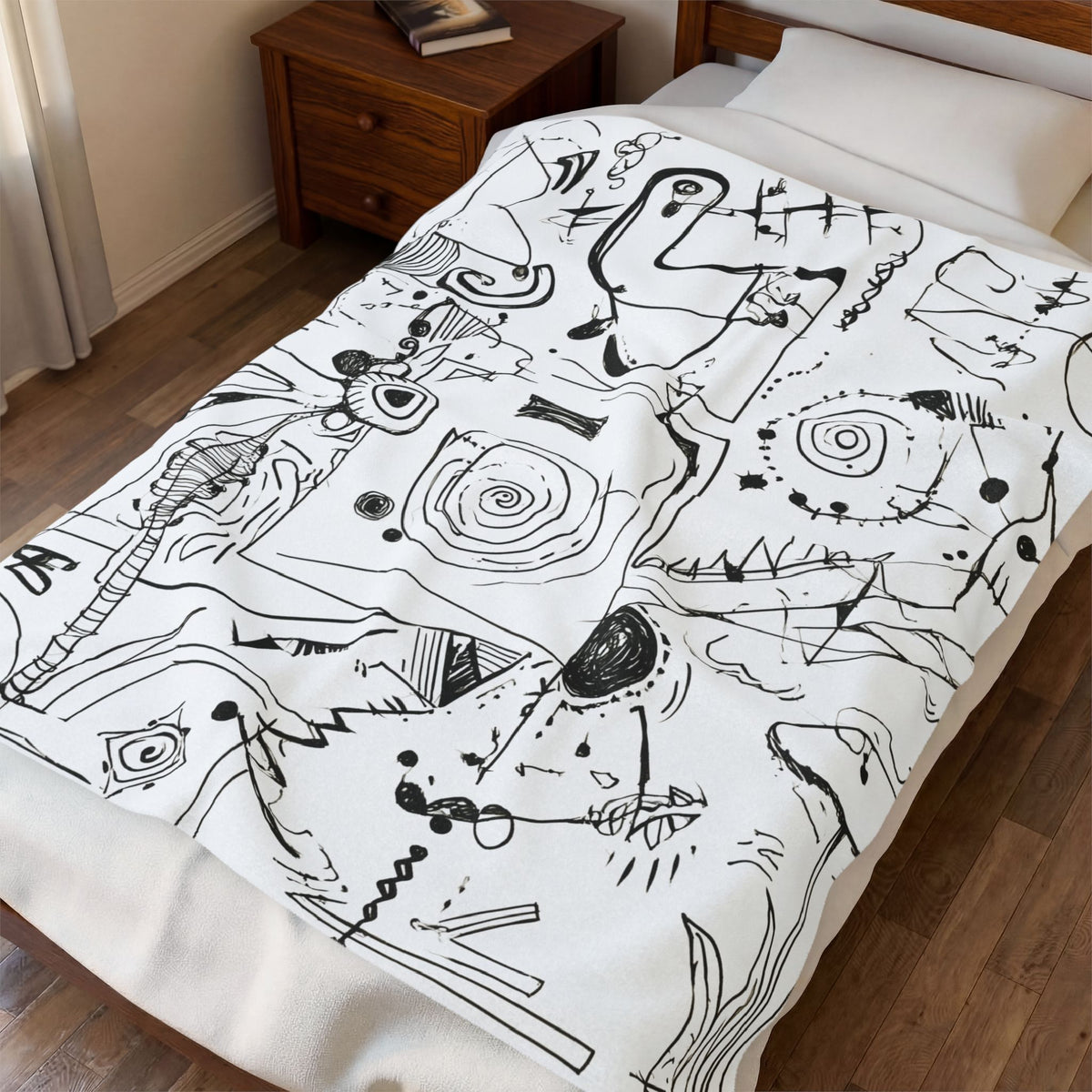 Black Ink Doodle Abstract Art Velveteen Plush Blanket | Sketch Pattern
