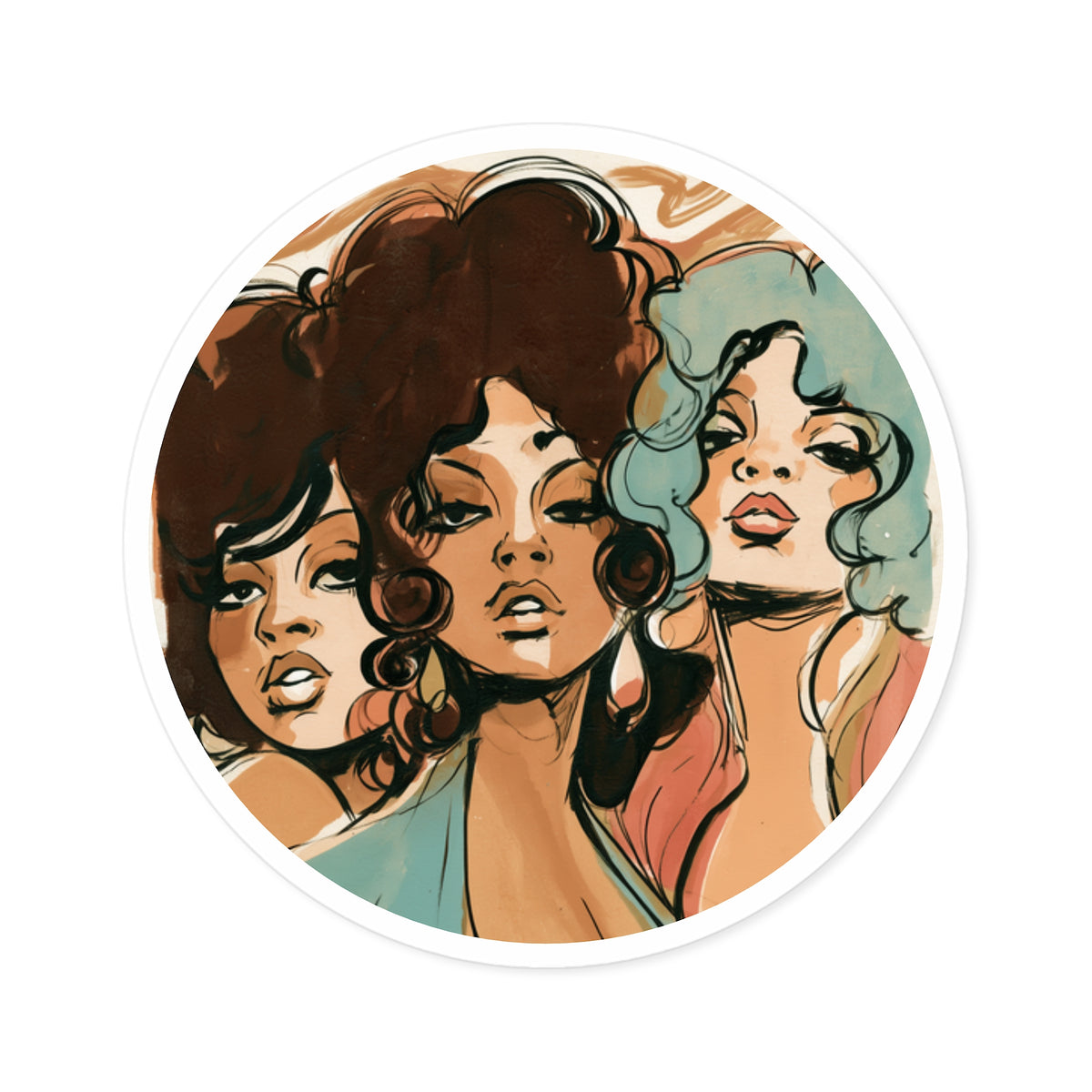 Retro Glamour Women Sticker – Vintage 70s Fashion Art, Colorful Pop Art Portrait, Feminine Round Sticker, Retro Laptop & Water Bottle Decal