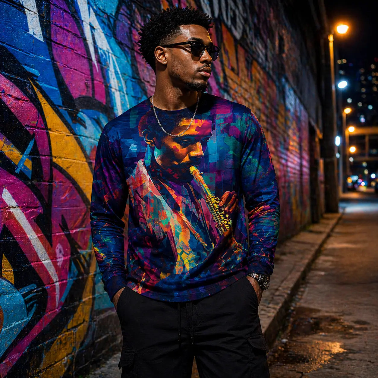 Saxophonist Abstract Art Long Sleeve Shirt With Vibrant Jewel Tones And Musical Mood Printify