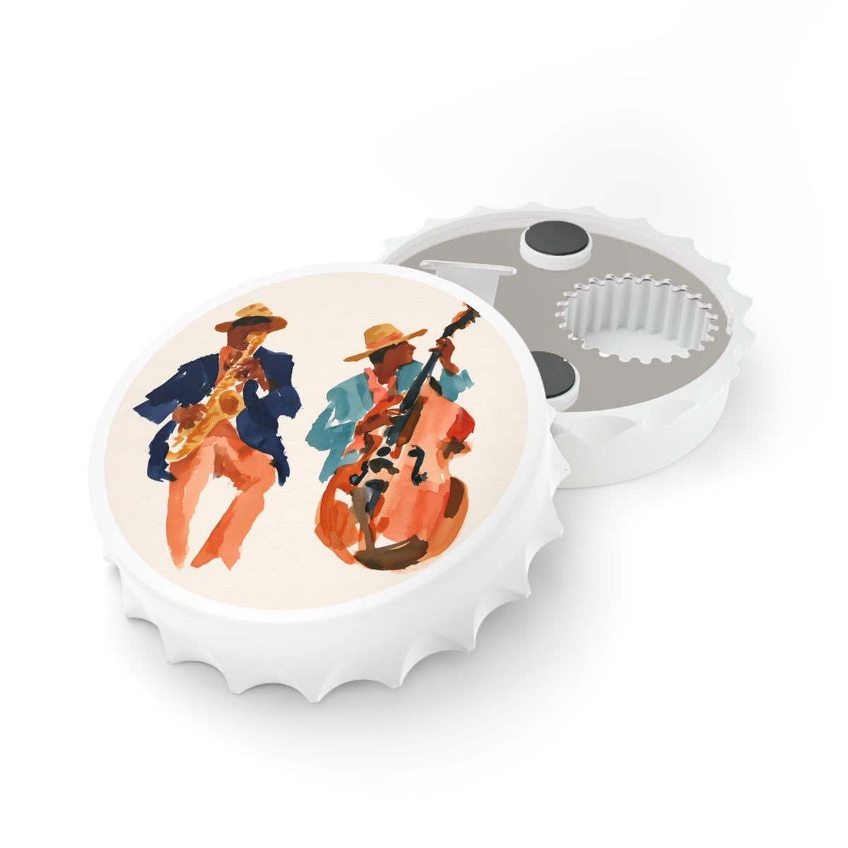 Jazz Duo Bottle Opener – Watercolor Saxophone & Bass Music Art – Vintage Musician Bottle Opener – Jazz Lover Gift
