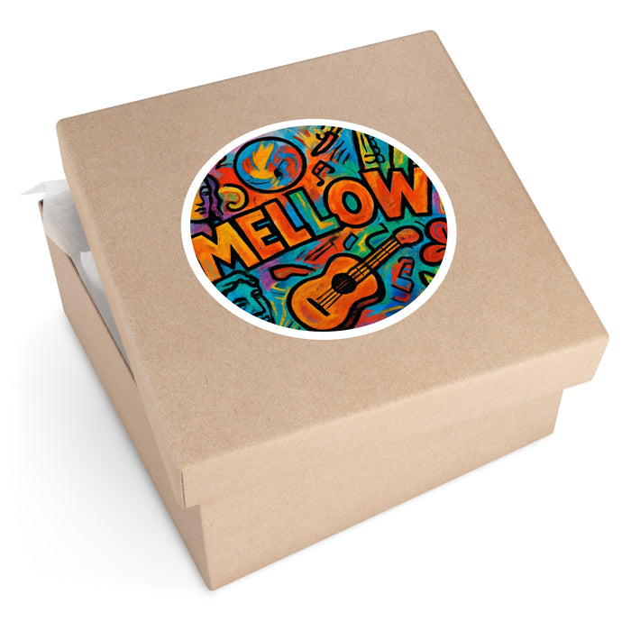 Mellow Music Round Sticker — Colorful Guitar & Vibes Vinyl Decal (Indoor/Outdoor)