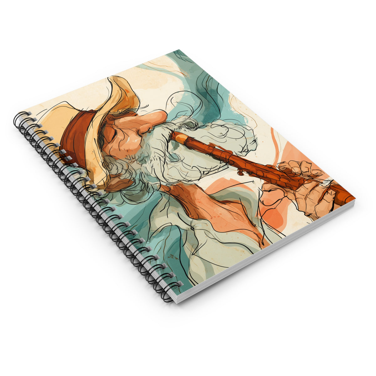 Wizard Playing Flute Spiral Notebook – Vintage Watercolor Fantasy Art, Ruled Journal for Musicians, Whimsical Writing Notebook, Retro Gift