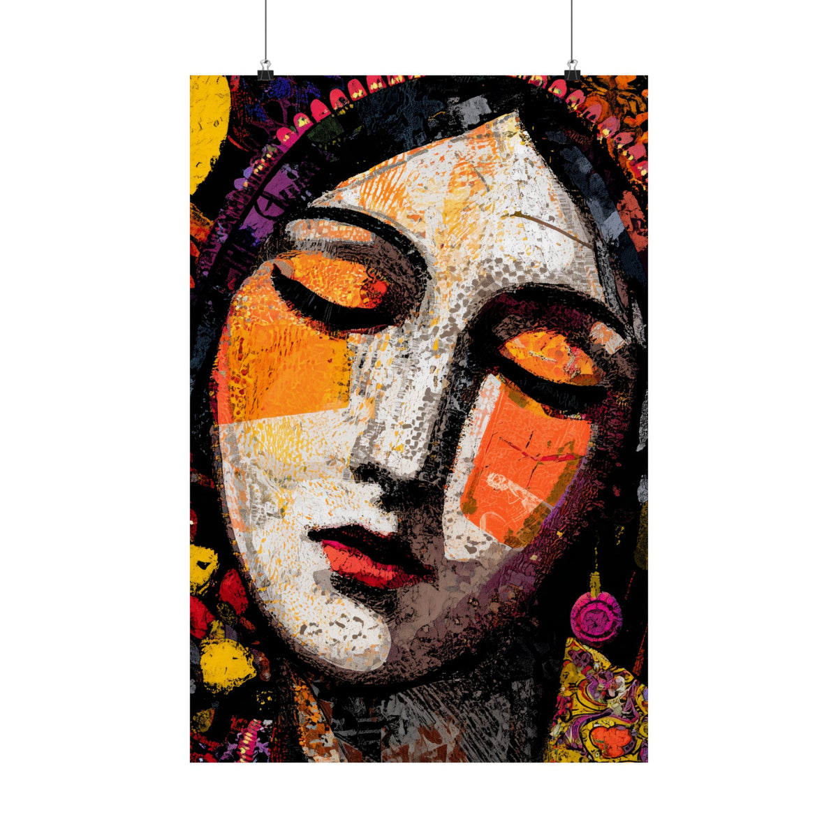 Serene Abstract Woman Matte Vertical Poster – Colorful Boho Portrait Wall Art, Vintage Folk Art Print, Modern Expressionist Home Decor