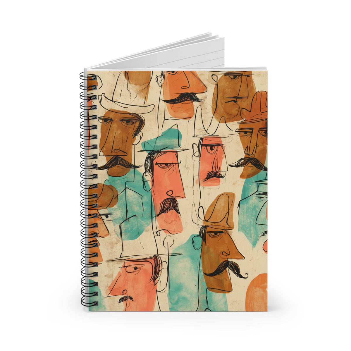 Colorful Mustache Faces Spiral Notebook – Vintage Cartoon Art Journal, Retro Illustrated Lined Notebook, Unique Gift for Writers & Artists