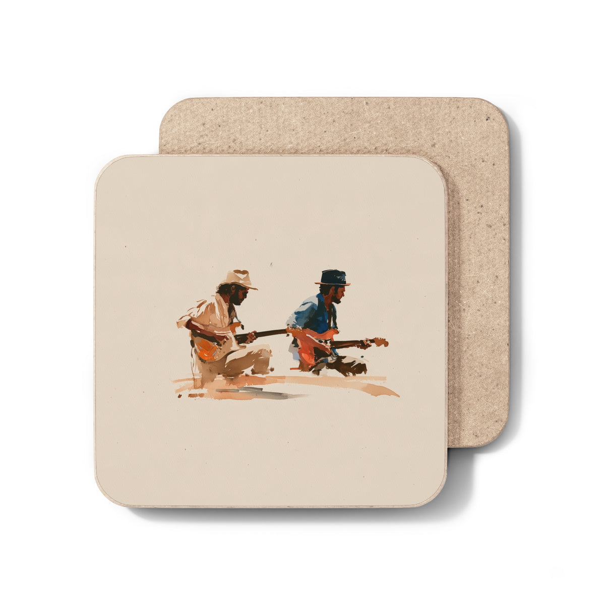 Acoustic Duo Hardboard Coaster – Vintage Guitarist Drink Coaster, Retro Music Art, Musician Gift, Guitar Lover Home Decor