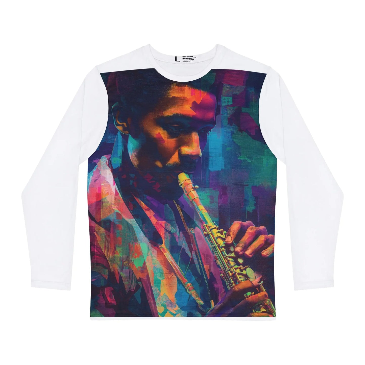 Saxophonist Abstract Art Long Sleeve Shirt With Vibrant Jewel Tones And Musical Mood Printify