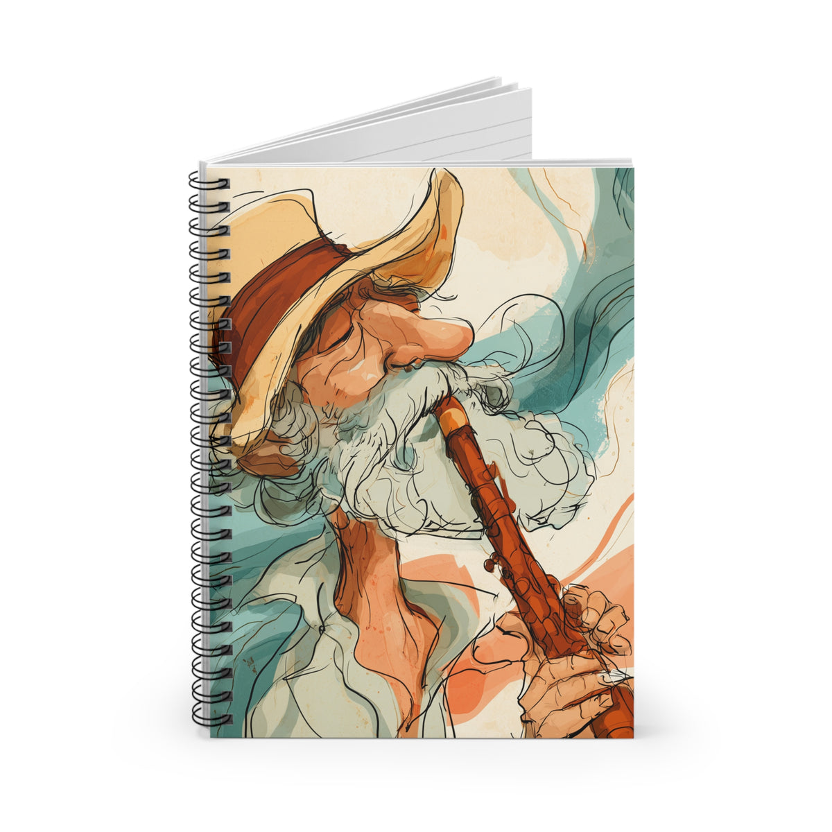 Wizard Playing Flute Spiral Notebook – Vintage Watercolor Fantasy Art, Ruled Journal for Musicians, Whimsical Writing Notebook, Retro Gift