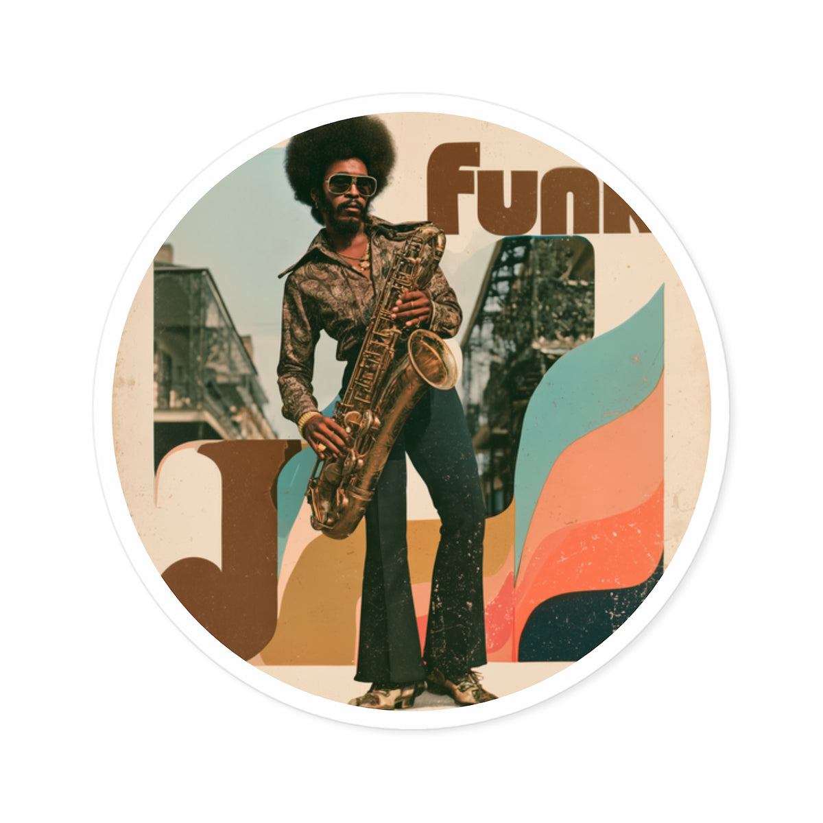 Funky Sax Retro Round Sticker – Vintage 70s Music Vibe