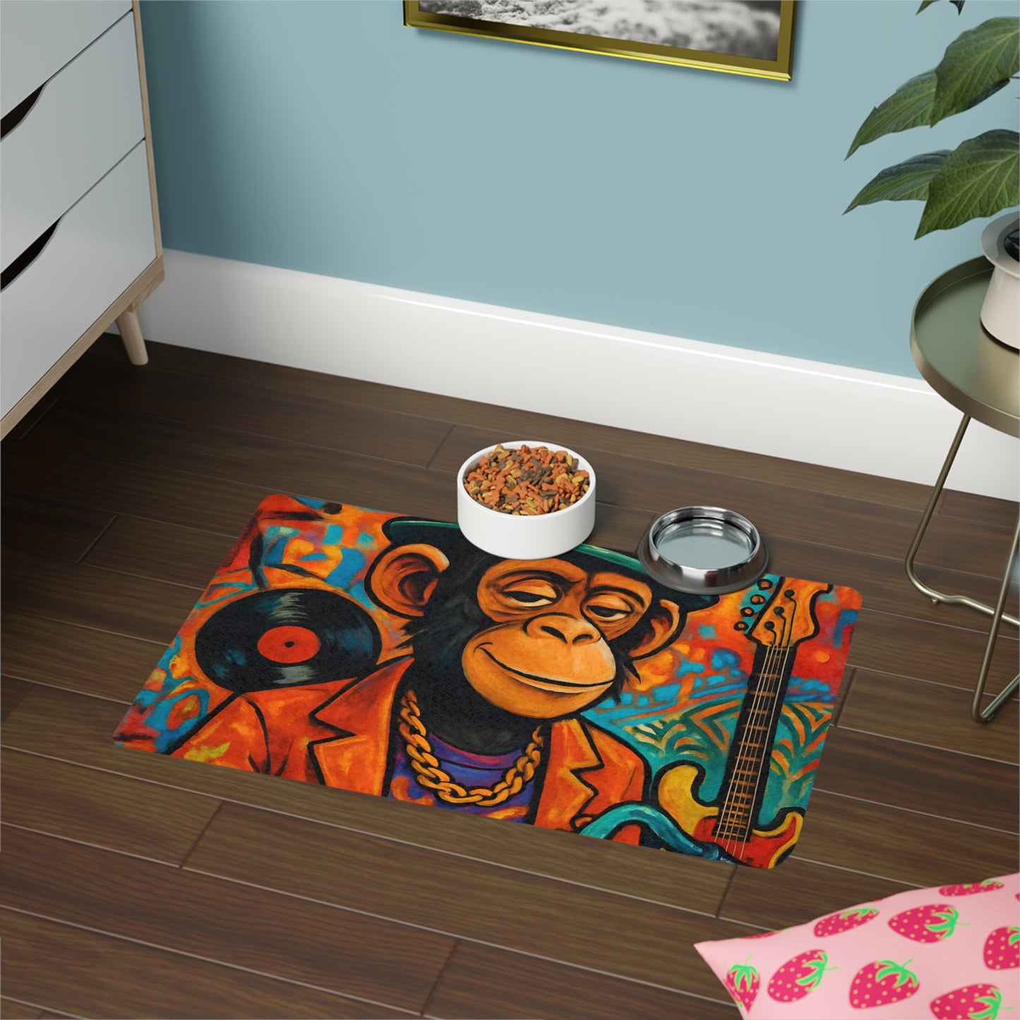 Jazz Ape Pet Food Mat 12x18 Non Slip Bowl Placemat With Colorful Musician Monkey Design