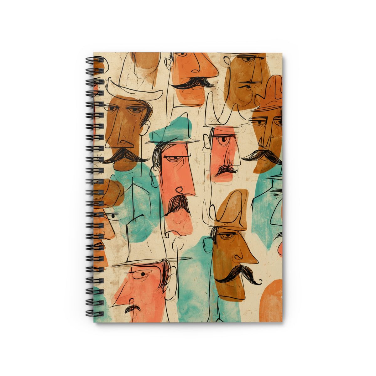 Colorful Mustache Faces Spiral Notebook – Vintage Cartoon Art Journal, Retro Illustrated Lined Notebook, Unique Gift for Writers & Artists