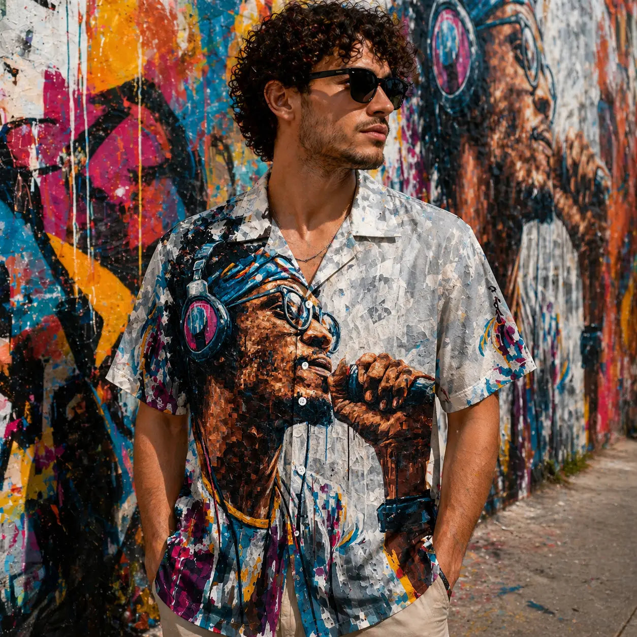 Half Graphic Hawaiian Camp Shirt With Urban Mural Portrait For Men Button Up Linen Texture Polyester Printify