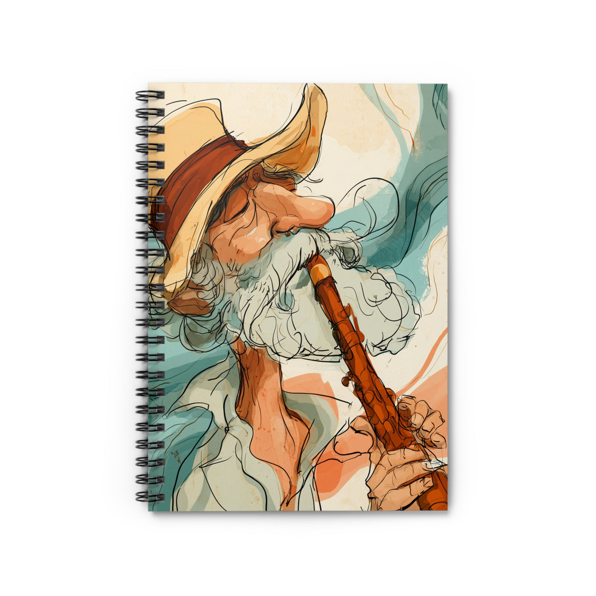 Wizard Playing Flute Spiral Notebook – Vintage Watercolor Fantasy Art, Ruled Journal for Musicians, Whimsical Writing Notebook, Retro Gift