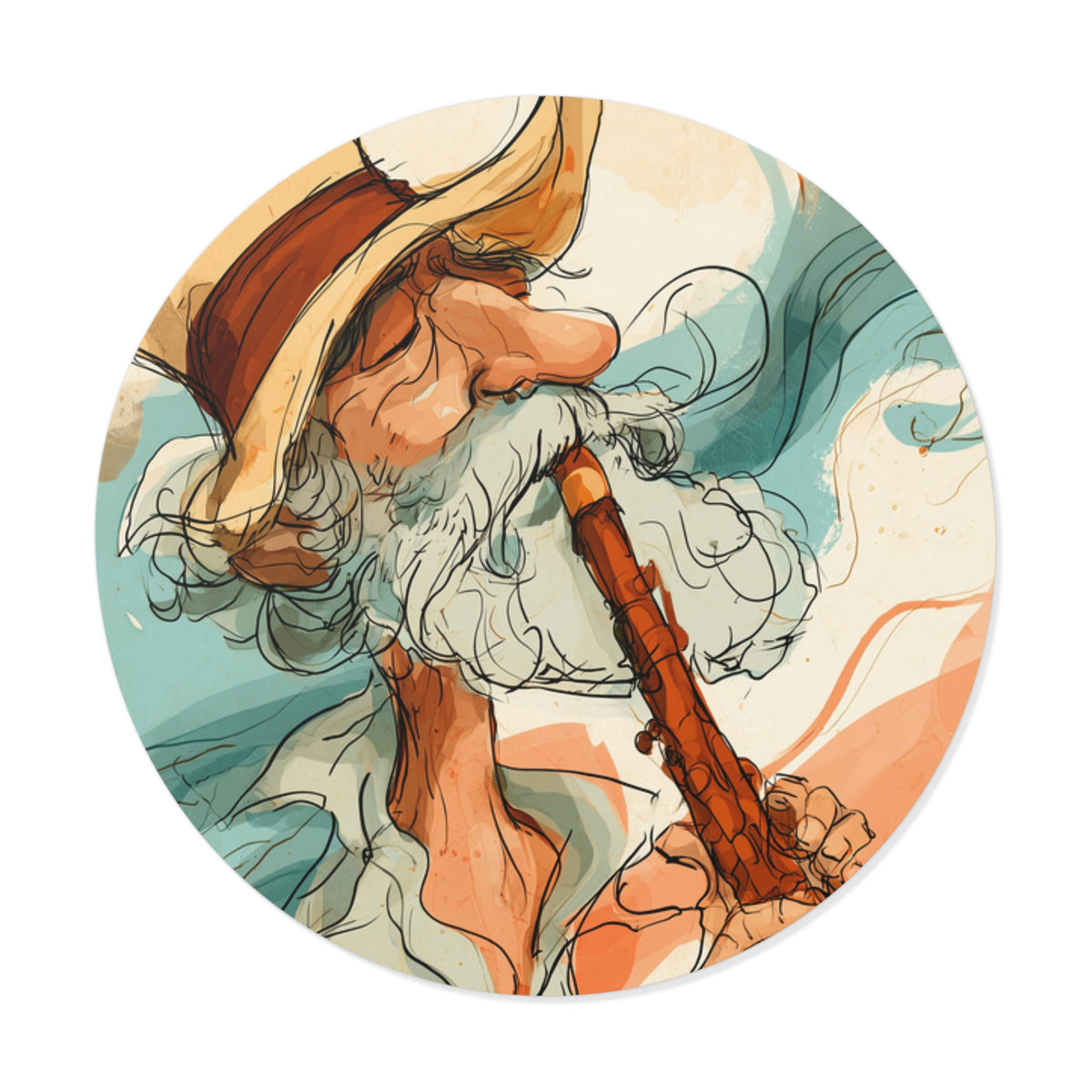 Vintage Wizard Flute Player Sticker – Retro Watercolor Music Art, Whimsical Fantasy Round Vinyl Decal, Boho Musician Gift