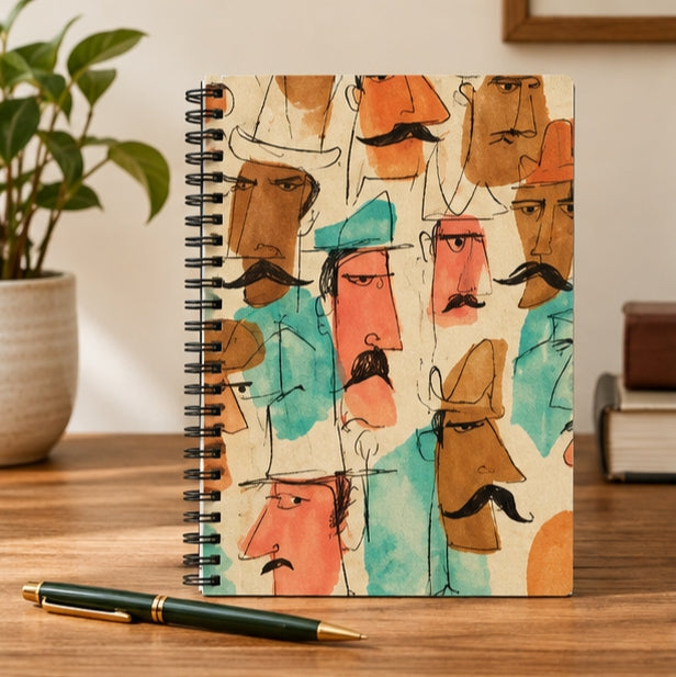 Colorful Mustache Faces Spiral Notebook – Vintage Cartoon Art Journal, Retro Illustrated Lined Notebook, Unique Gift for Writers & Artists