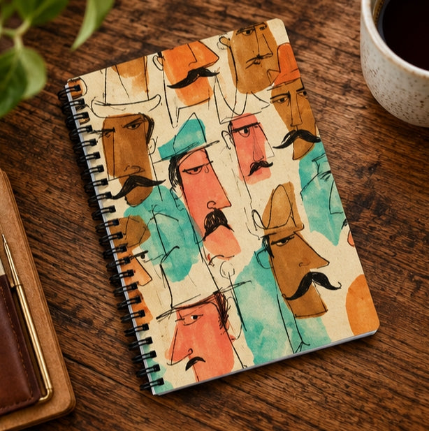 Colorful Mustache Faces Spiral Notebook – Vintage Cartoon Art Journal, Retro Illustrated Lined Notebook, Unique Gift for Writers & Artists
