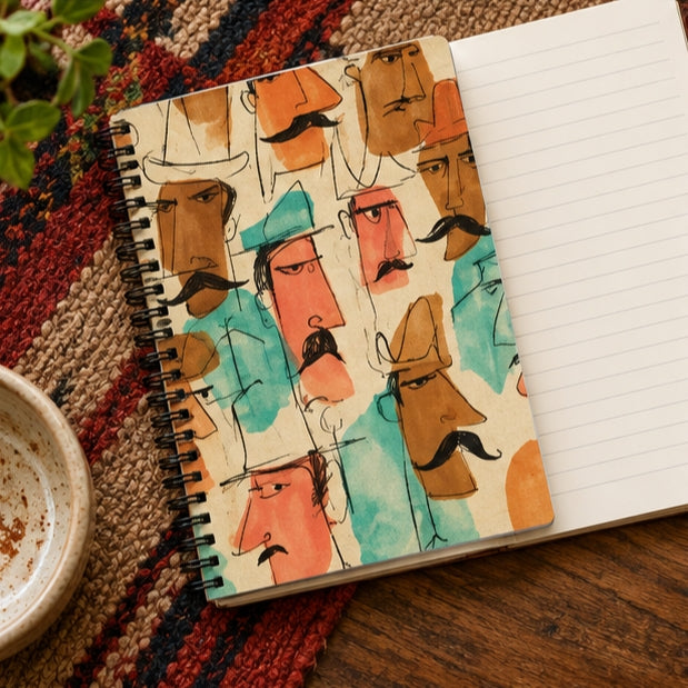 Colorful Mustache Faces Spiral Notebook – Vintage Cartoon Art Journal, Retro Illustrated Lined Notebook, Unique Gift for Writers & Artists