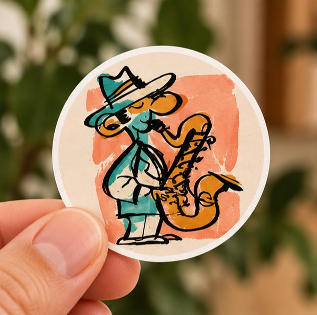 Jazz Saxophone Player Round Sticker – Retro Cartoon Musician Art, Vintage Jazz Sticker, Funky Saxophone Decal, Gift for Music Lovers