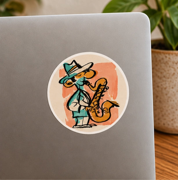 Jazz Saxophone Player Round Sticker – Retro Cartoon Musician Art, Vintage Jazz Sticker, Funky Saxophone Decal, Gift for Music Lovers