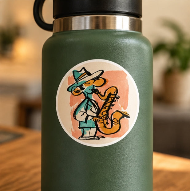 Jazz Saxophone Player Round Sticker – Retro Cartoon Musician Art, Vintage Jazz Sticker, Funky Saxophone Decal, Gift for Music Lovers