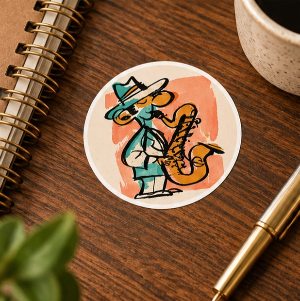 Jazz Saxophone Player Round Sticker – Retro Cartoon Musician Art, Vintage Jazz Sticker, Funky Saxophone Decal, Gift for Music Lovers