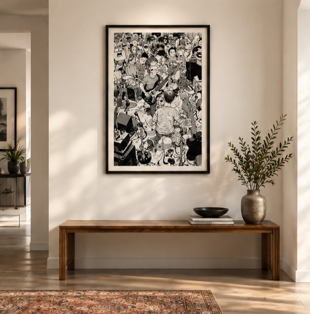 Black And White Indie Band Concert Crowd Art Print Poster