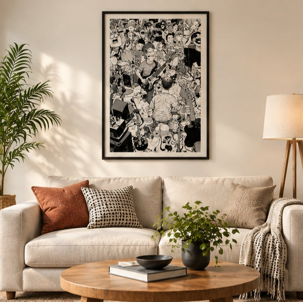 Black And White Indie Band Concert Crowd Art Print Poster
