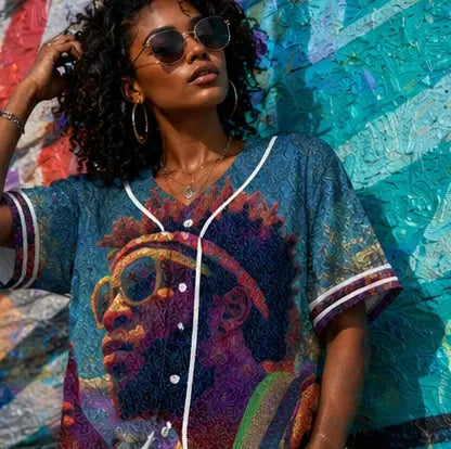 Afrobeat Festival Womens Baseball Jersey Vibrant Concert Print Grainy Sunset Portrait On Breathable Performance Fabric Printify