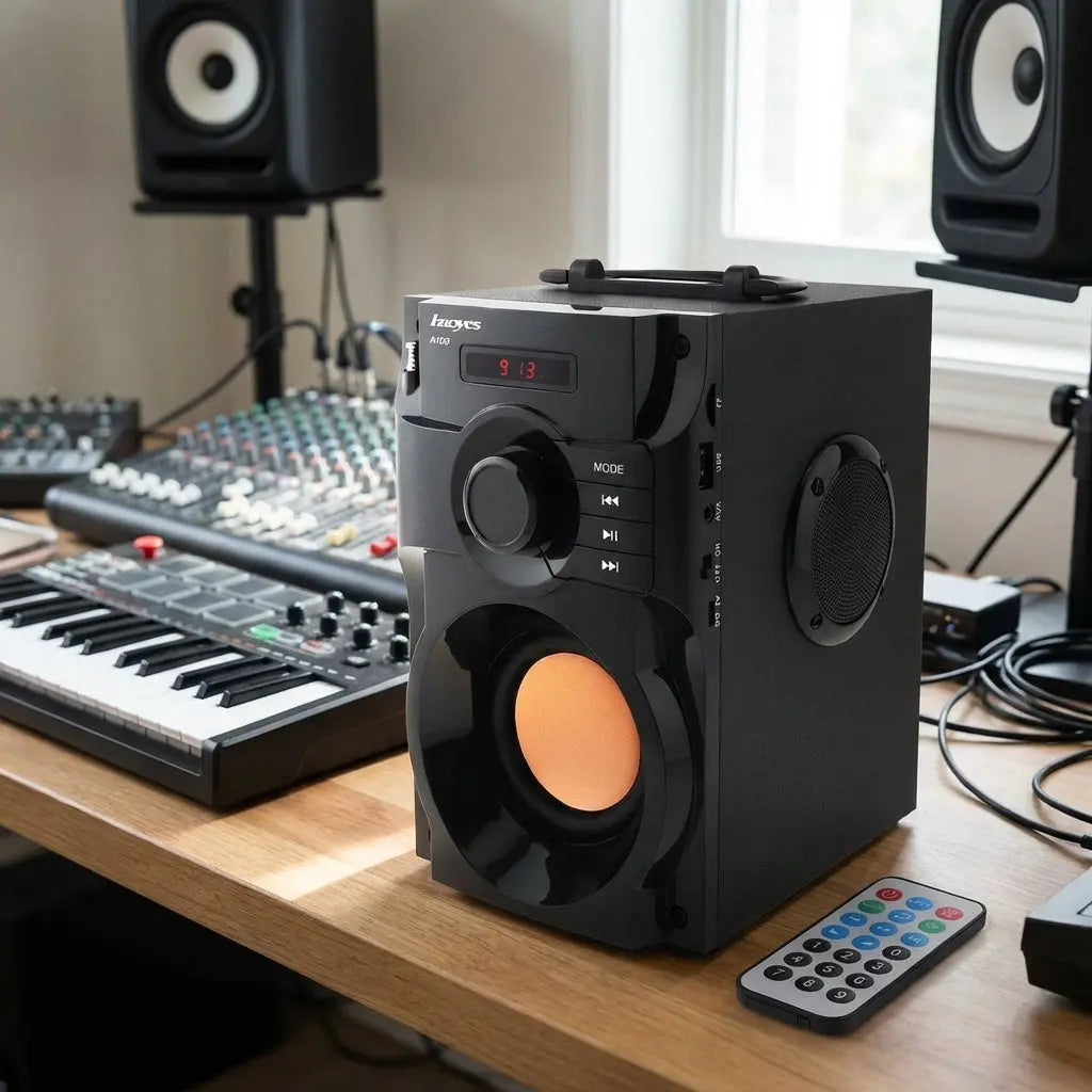 Environmental shot of the A100 subwoofer in a home studio setup with mixing desk, keyboard, and monitors, showcasing practical use.