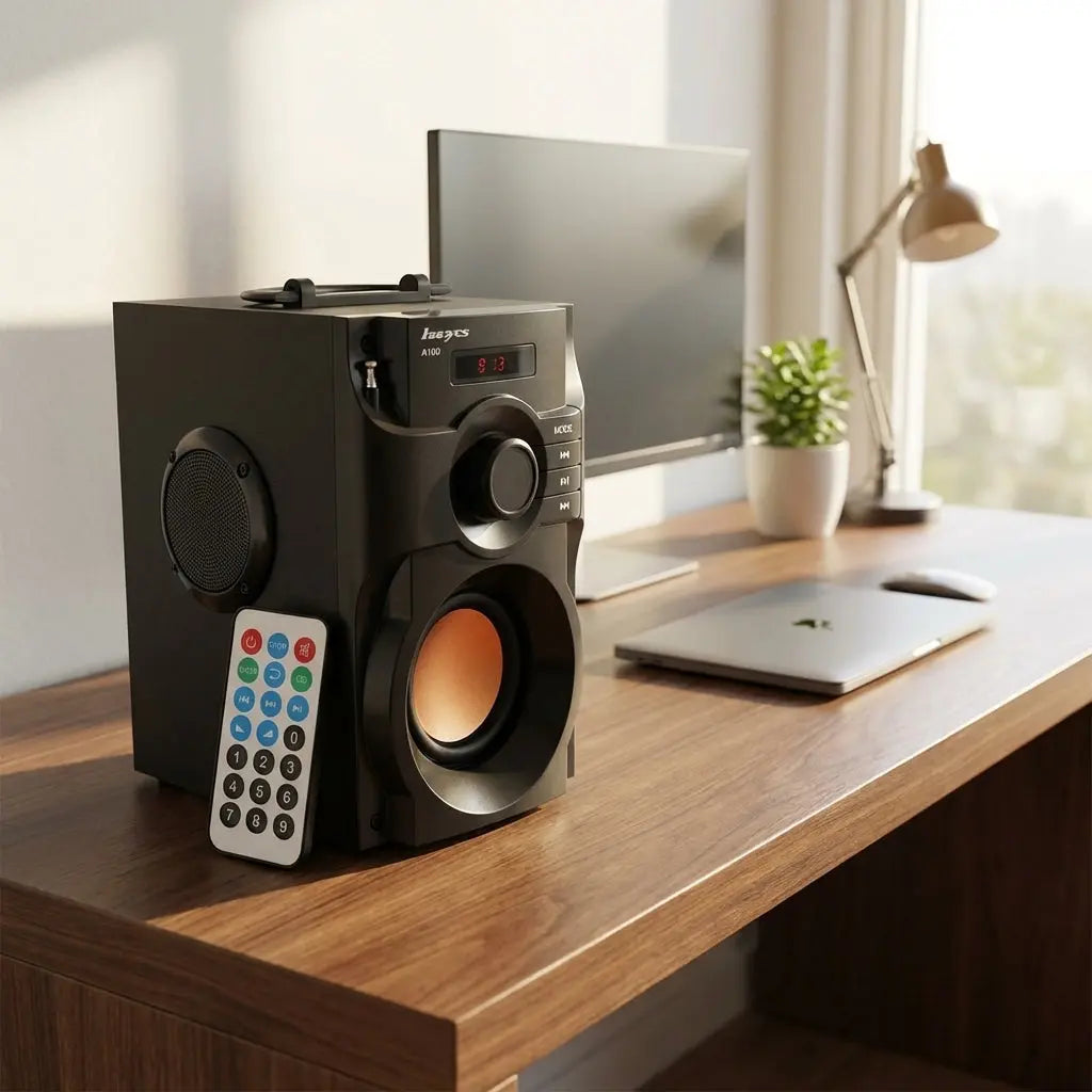 Full-view of the A100 subwoofer on a modern desk with natural daylight highlighting its compact design in a professional workspace.