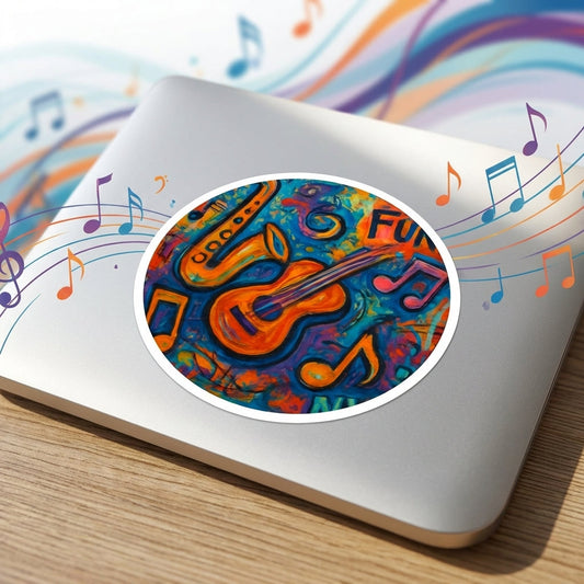 Close-up of Abstract Funk sticker on reflective laptop with vibrant, impressionistic musical notes and abstract lines.