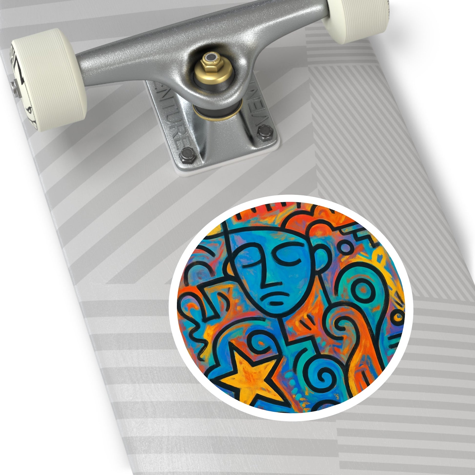 Abstract Urban Art Round Sticker — Colorful Face & Star Design (Indoor/Outdoor) - MusicandydesignsPaper products