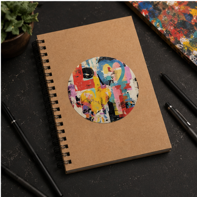 Abstract Collage Round Sticker Colorful Pop Art Decal Indoor Outdoor For Laptop Water Bottle Notebook Skateboard