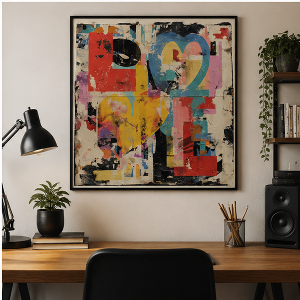 Abstract Love Collage Poster Matte Vertical Wall Art With Giclee Inks Textured Urban Hearts Design