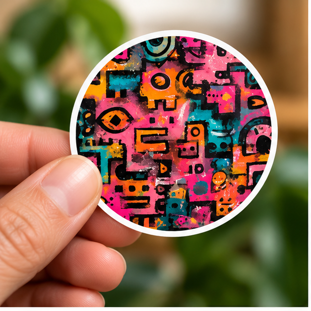 Abstract Neon Geo Round Sticker – Colorful Graffiti Art, Retro Geometric Vinyl Decal, Bold Pop Art Sticker, Funky Laptop & Water Bottle Decor