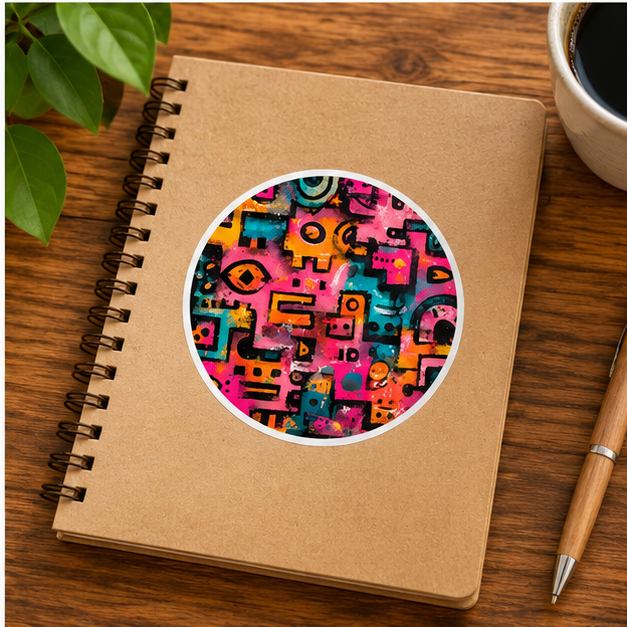 Abstract Neon Geo Round Sticker – Colorful Graffiti Art, Retro Geometric Vinyl Decal, Bold Pop Art Sticker, Funky Laptop & Water Bottle Decor