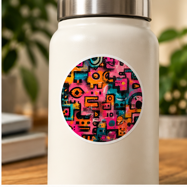 Abstract Neon Geo Round Sticker – Colorful Graffiti Art, Retro Geometric Vinyl Decal, Bold Pop Art Sticker, Funky Laptop & Water Bottle Decor
