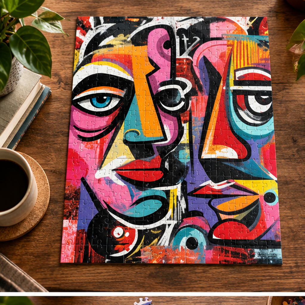 Colorful cubist-face artwork on an abstract street art jigsaw puzzle