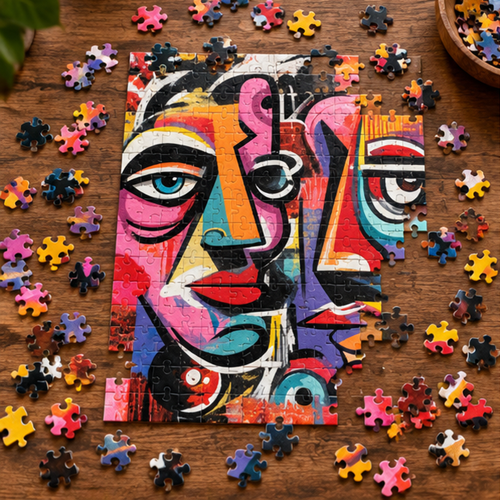 Abstract street art jigsaw puzzle featuring two colorful cubist faces