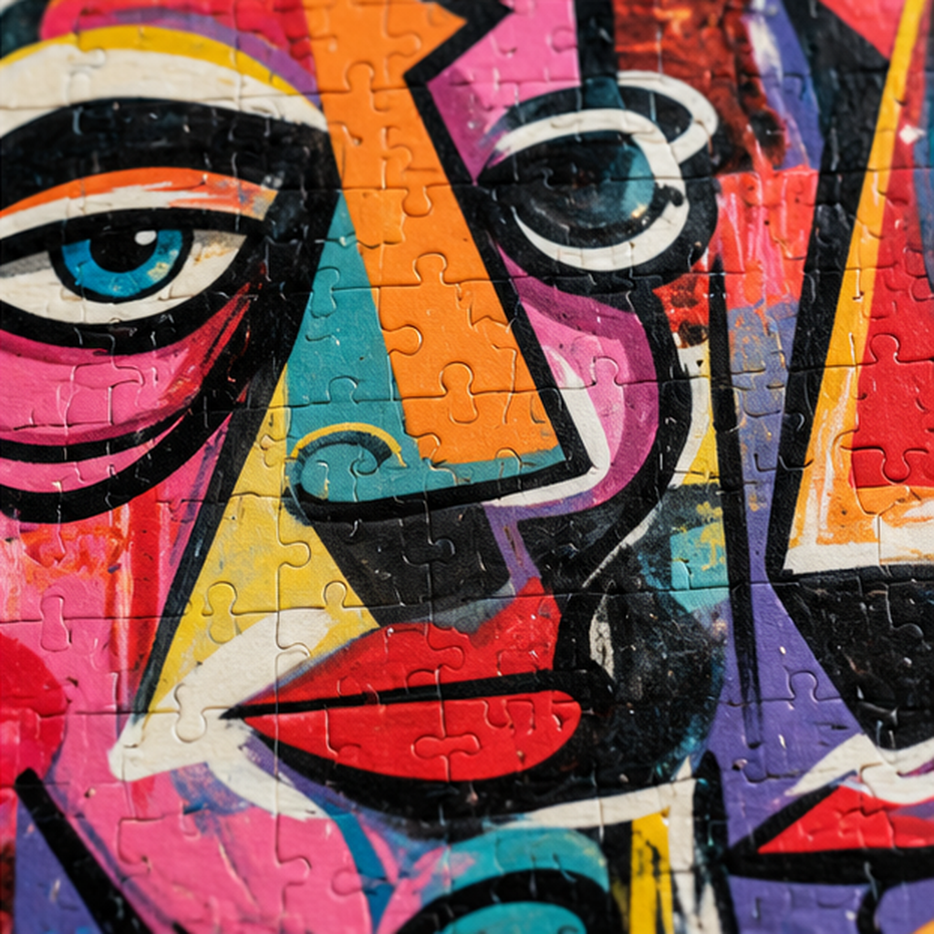 Colorful cubist-face artwork on an abstract street art jigsaw puzzle