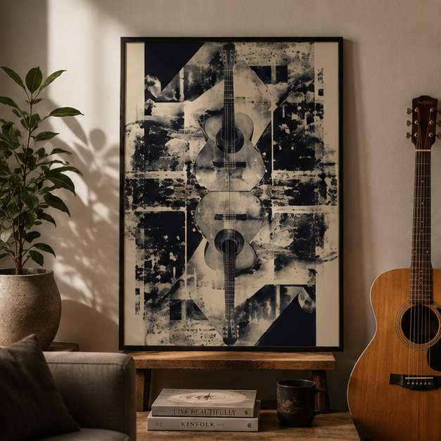 Acoustic Collage Matte Poster Vintage Guitar Wall Art For Living Room Decor Layered Sheet Music Texture