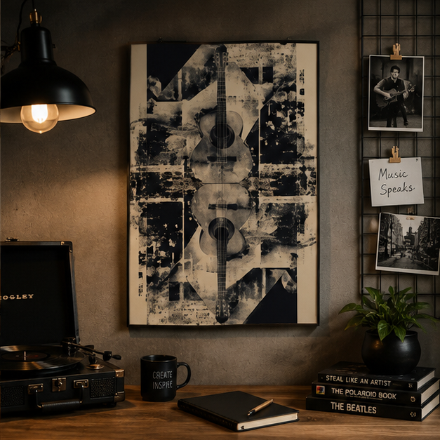 Acoustic Collage Matte Poster Vintage Guitar Wall Art For Living Room Decor Layered Sheet Music Texture