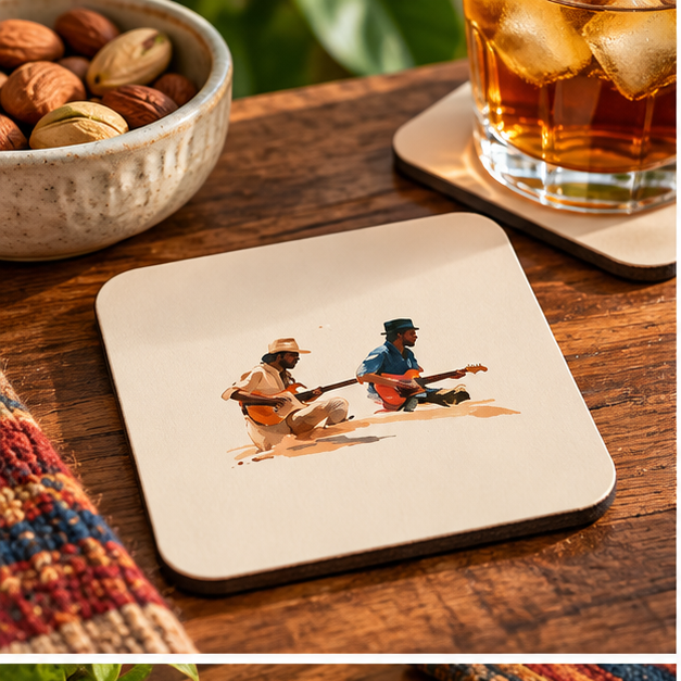 Acoustic Duo Hardboard Coaster – Vintage Guitarist Drink Coaster, Retro Music Art, Musician Gift, Guitar Lover Home Decor